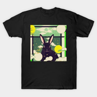Chic Black Chinchilla Rabbit: Checkered Japanese Style Bunny of Bamboo Land T-Shirt